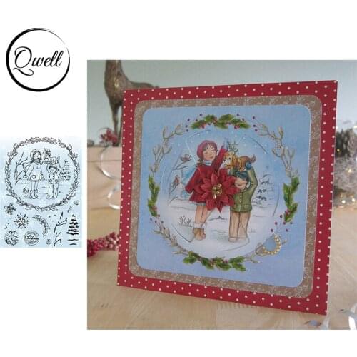 QWELL Clear Silicone Stamps Children Playing With Dog Holly Wreath Bells Words Badge DIY Craft Paper Cards 2020 Hot Sale