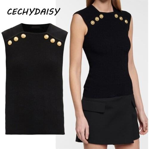 Knitted Pullovers Women 2021 Summer Clothes Fashion Sleeveless Black White Button Up O-Neck Jumper Traf Tops Gothic Clothes Pull