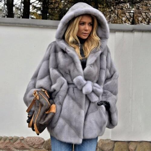 Women Real Mink Fur Coat with Hood High Quality Natural Woman Full Pelt Mink Fur Jacket Batwing Sleeved Loose Fur Overcoat 2021