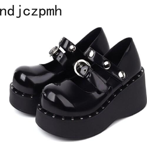 Big Size 34-43 Brand New Girl Lolita Mary Janes Pumps Wedges High Heels Women Pumps Platform Gothic Rivet Fashion Shoes Woman