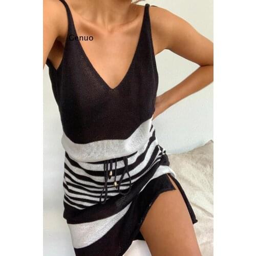 Knitted Sexy Backless Spaghetti Strap Women Dress Lace Up Sleeveless Dresses Plus Size Stripe Patchwork Dress Vestidos