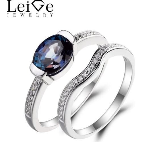 Leige Jewelry Alexandrite Ring Engagement Ring 925 Sterling Silver Color Changing Gemstone June Birthstone Bridal Sets Rings