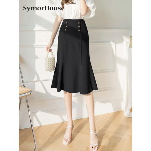Double Breasted Harajuku Skirt Womens Solid Color Skinny Mermaid Skirts Office Ladies 2021 Plus Size OL Faldas Femme