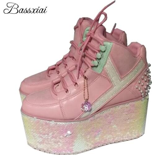 Bling Sequins Flat Platform Casual Shoes Woman High Wedges Round Toe Lace-Up Patchwork Spring Autumn Runway Shoes Women