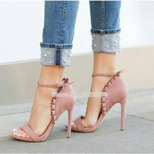 ALMUDENA Women Graceful Nude Pink Suede Ruffle Embellished Sandals Stiletto Heels Flounce Decoration Shoes Falbala Wedding Heels