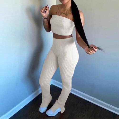 Summer Flare Pants Womens Suit 2 Pieces Set Sexy Ribbed Crop Top Female Sets 2021 Solid Fashion Side Split Ladies Pant Suits