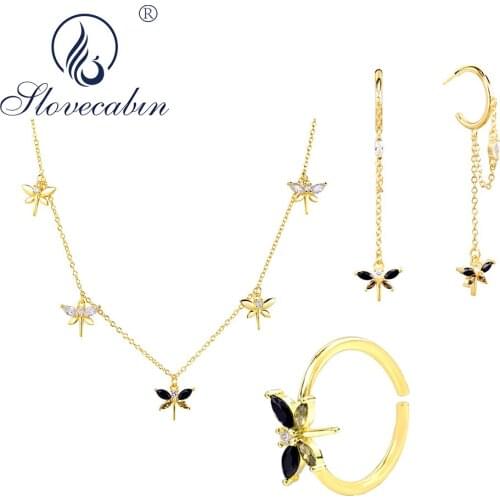 Slovecabin Authentic 925 Sterling Silver Dargonfly Clear CZ Jewelry Set For Women Ring Earrings Necklaces Set Femme Best Gift