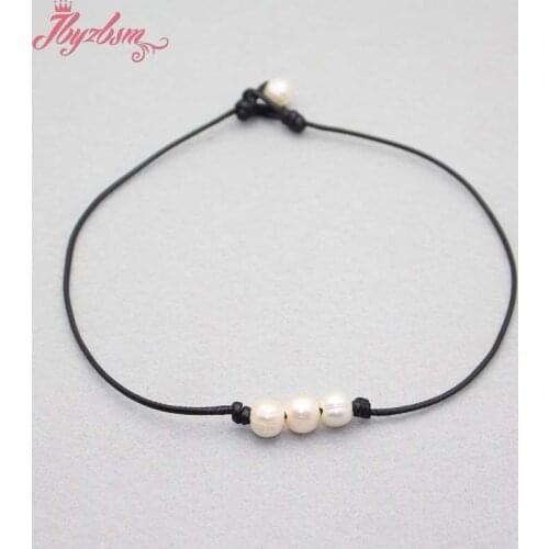8-10mm Natural Freshwater Pearl Round Stone Beads Leather Necklace For Women Wedding Christmas Gift Fashion Chokers Necklace 16"