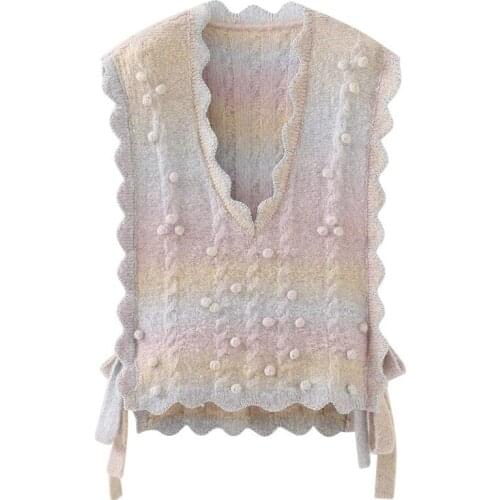 Gradient Color V-neck Ruffled Lace-up Sweater Vest Women 2021 Winter And Autumn New Womens Clothing