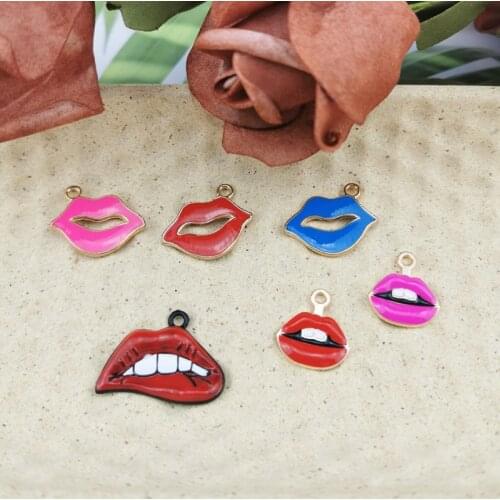 10pcs Sexy Red Lip Enamel Charms Pendants Gold Color Metal Female Mouth Lip Earring Finding Fit Bracelet Jewelry DIY Accessories