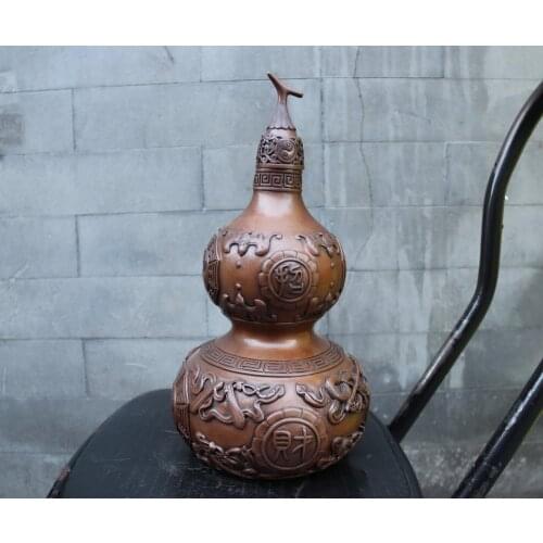 12.5 inches China Pure red Copper eight treasures Wealth Fengshui Bat bottle gourd pot Bronze Decoration Home Gift
