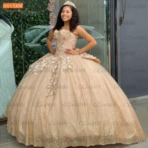 Shiny Champagne Prom Gowns Long 2020 Vestidos De Fiesta Lace Up Appliqued Ball Gown Women Dresses Party Custom Made Robes De Bal