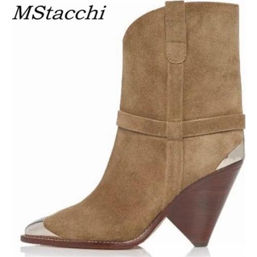 MStacchi Fashion Women Boots Pointed Toe Silver Decoration Strange Heel Shoes Suede Solid Color High Heels Mid Botas Mujer 2021