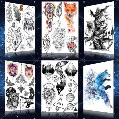 Black Tirbal Fox Black Geometric Flower Tattoo Fake Women Temporary Tattoos Sticker Girls Body Arm Planet Waterproof Tatoo Paper