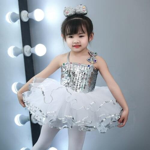 Childrens Sequins Ballet Tutu Dress for Girls Jazz Dance Costumes Silver Kids Ballroom Dance Proformance Competition Dress