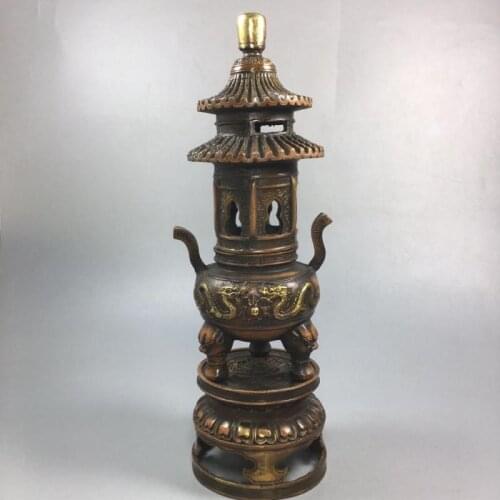 Chinese Old Brass Collection Pure Copper Tower furnace Incense Burner/Holder Sandalwood Censer Incense Incensory