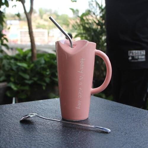 Coffee Mugs Pink Ceramic Mugs Milk Juice Breakfast Creative Cups With Straw Ins Korea Coffee Mug Gift For Girls Heart Cup