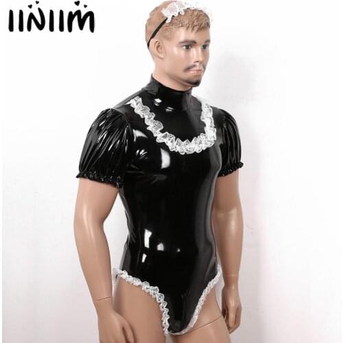 Hot Men Adults Sissy Maid Cosplay Costume Set Wetook Leather body latex Parties Puff Sleeve Leotard Bodysuit with Lace Headband