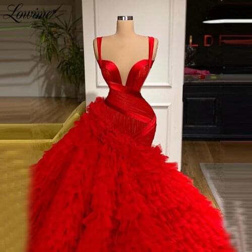 Lowime Red Long Mermaid Party Dresses Tiered Evening Gowns 2021 Couture Celebrity Dress Women Evening Gowns Robes Vestidos