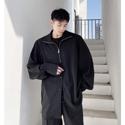 Large size cool style in spring and summer personalized Lapel zipper decoration loose retro long sleeve shirt Japanese style shi