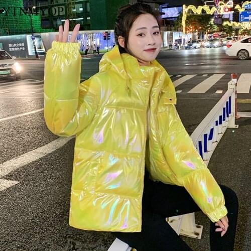 YTNMYOP Glossy Hooded Parkas Women 2021 New Students Fashion Jackets Snow Warm Slim Short Windproof Coats Outerwear Clothing