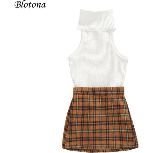 Blotona Toddler Girls Summer Fashion 2Pcs Outfit, Solid Color Ribbed Turtleneck Sleeveless Crop Tops+Plaid Short Skirt, 1-6Years