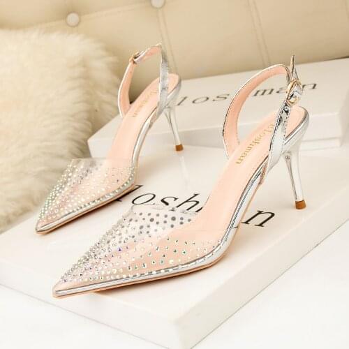 Fashion rhinestone PVC transparent shoes stilettos high heels sandals women pointed toe party silver party wedding shoes