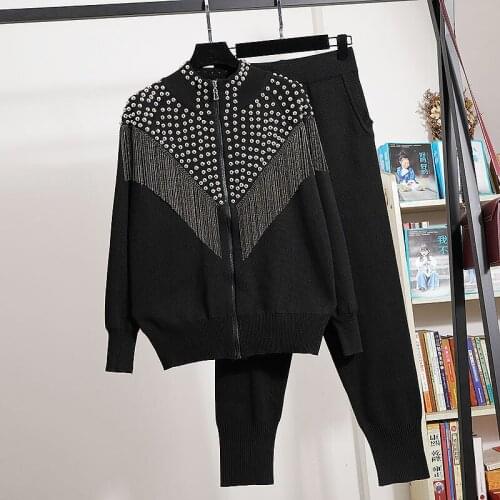 Fashion Black Knitted Set Women Tracksuits Rivet Chain Tassel Cardigan Sweater Pencil Pants Outfits Female Loose Knitting Suit