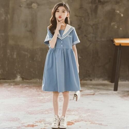 6 To 16 Years, Kids Preppy Dress 2021 New Teen Clothes Girls Dress Sailor Collar Children Summer Dress Cottn Button,#6238
