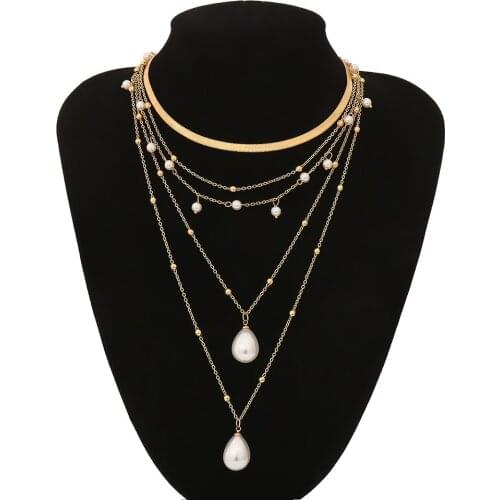 Women Faux Pearl Moon Square Pendant Multilayer Chain Necklace Jewelry Gift