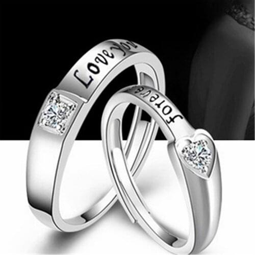 2 Pieces/Set Silver Color Couple Rings Fashion Wedding Bride Bridegroom Jewelry Forever Love Heart Zircon Rings Anniversary Gift