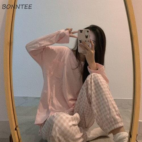 Pajama sets womens spring autumn thin long sleeve solid simple o-neck plaid trousers ins korean style sweet homewear girls chic