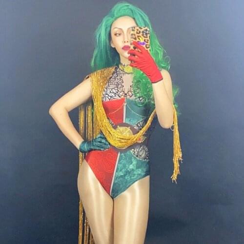 Stage Performance Costumes Women Golden Tassel Fashion Stitching Color Bodysuit MenS Muscle Print Jumpsuit Rave Wear DNV13416