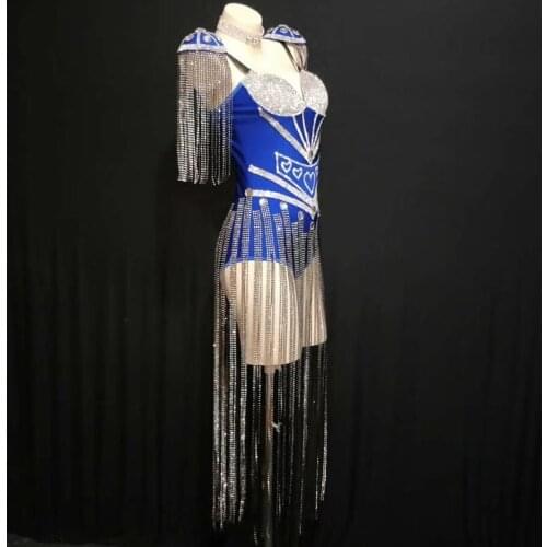 Blue Rhinestones Heart Pattern Bodysuit Women Long Tassel Epaulet Bodycon Ladies Nightclub Performance Dance Costume Stage Wear