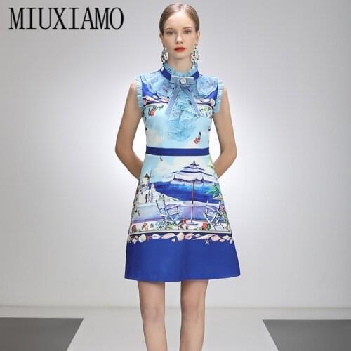 MIUXIMAO 2021 Spring Summer Party Dress Diamonds Ruffles Above Knee Bow Tank Office Lady Blue Casual Dress Women Vestidos