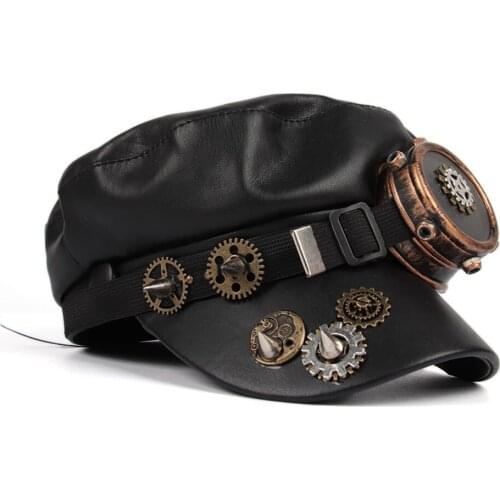 Steampunk Military Hat With Punk Rivet Gear Goggler Flat Leather Sailor Hats for Women Men Captain Cap Travel Cadet Hat