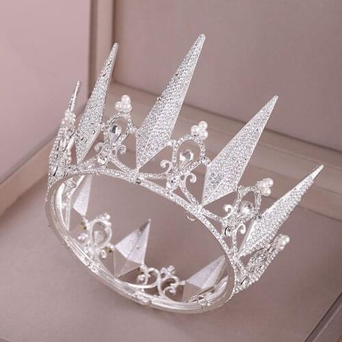 Pearl Crystal Round Crown Silver Color Gold Queen Tiara Diadem Triangle Plate Wedding Bridal Hair Accessories Women Head Jewelry