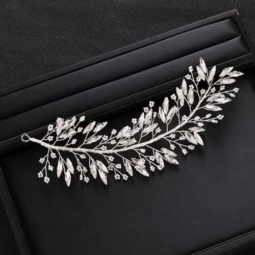 Trendy Wedding Headband Silver Color Handmade Pearl Crystal Leaf Bridal Headpieces Women Hair Jewelry Accessories