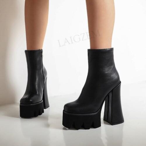 LAIGZEM Women Ankle Boots Platform Block Chunky Heels Booties Ladies Shoes Woman Faux Leather Botas Mujer Big Size 33 38 39 43