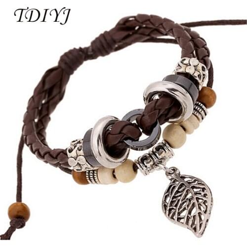 TDIYJ Bohemian Style Leaf Charms Double Layers Punk Leather Bead Bracelet Adjustable Lace Up Bracelets for Women 5Pcs/lot