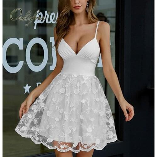 Ordifree 2021 Summer Women White Mini Dress Spaghtti Strap White Lace Embroidery Sexy Short Party Dress