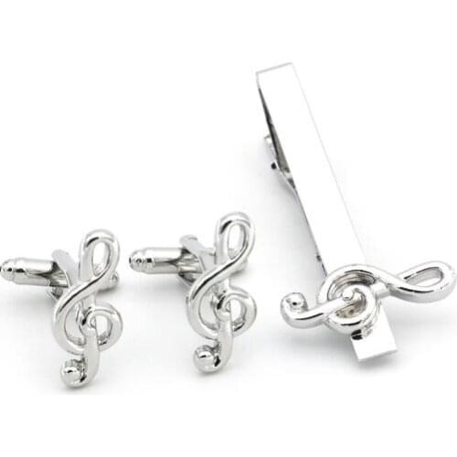 10sets/lot Copper Music Note Cufflinks Tie Clip Set Silver Plating Musical Note Cuff Links&Tie Pin Bar Set Mens Jewelry