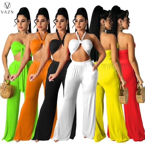 VAZN 2020 Casual Young Sexy High Street Soft Hlater Sleeveless Long Loose pants Women 2 Piece Set