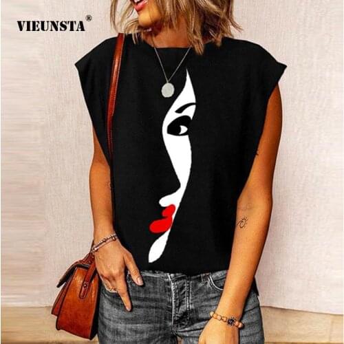 2021 Summer New Fashion Streetwear Loose Tops Casual Cotton O Neck Sleeveless T-shirts Top Female Plus Size Girl Face Print Tops