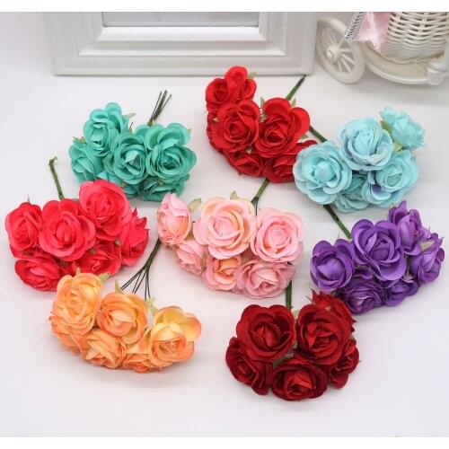 6 pcs Silk Small tea Rose Cheap Artificial Flowers Bouquet Wedding Scrapbooking Gift box Decoration DIY Wreath Craft Fake Flower