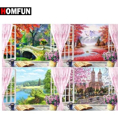 HOMFUN Diamond Painting Full Square/Round Diamond "Window flower scenery" Pattern Embroidery Cross Stitch 5D Rhinestone Painting