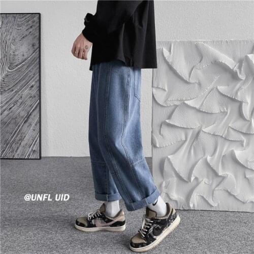 Washed Blue Stitching Mens Clothing Jeans Loose Straight Wide-leg Casual Pants Hiphop Streetwear Denim Trousers Four Seasons