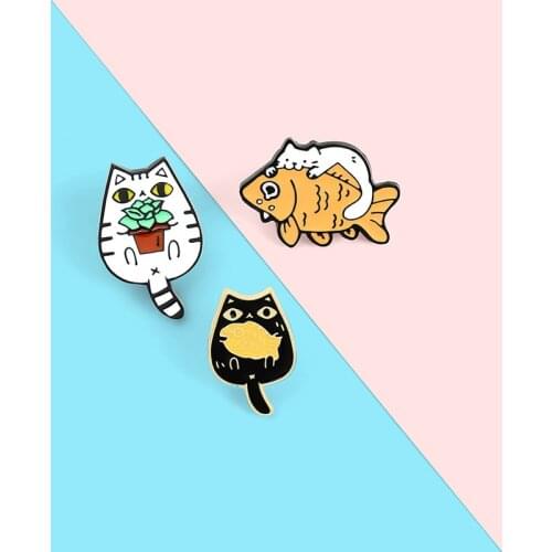 Cats and Fish Enamel Pins Custom Funny Animal Plant Brooches Bag Clothes Lapel Pin Cute Kitten Badge Jewelry Gift for Friends