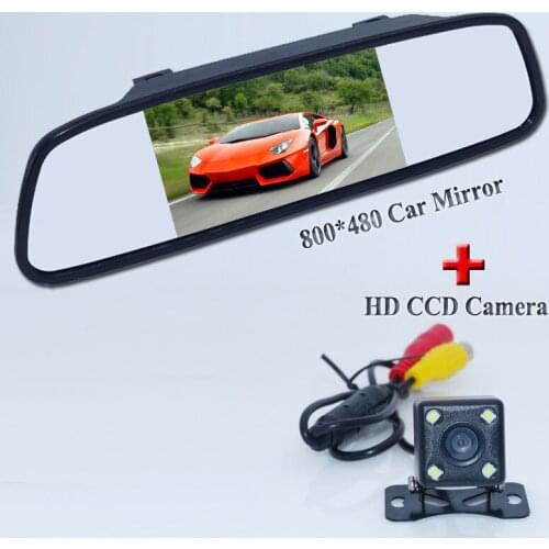 Car Parking Assistance System 5 Inch TFT LCD Car Reverse Mirror Rearview Monitor + 4 LED Lights Car Rear View Camera