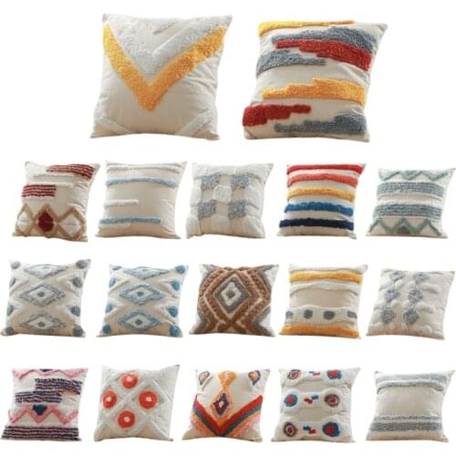 Cotton Convas Tufted Throw Pillow Case Tribal Boho Handwoven Geometric Abstract Pattern Square Decorative Cushion Cover